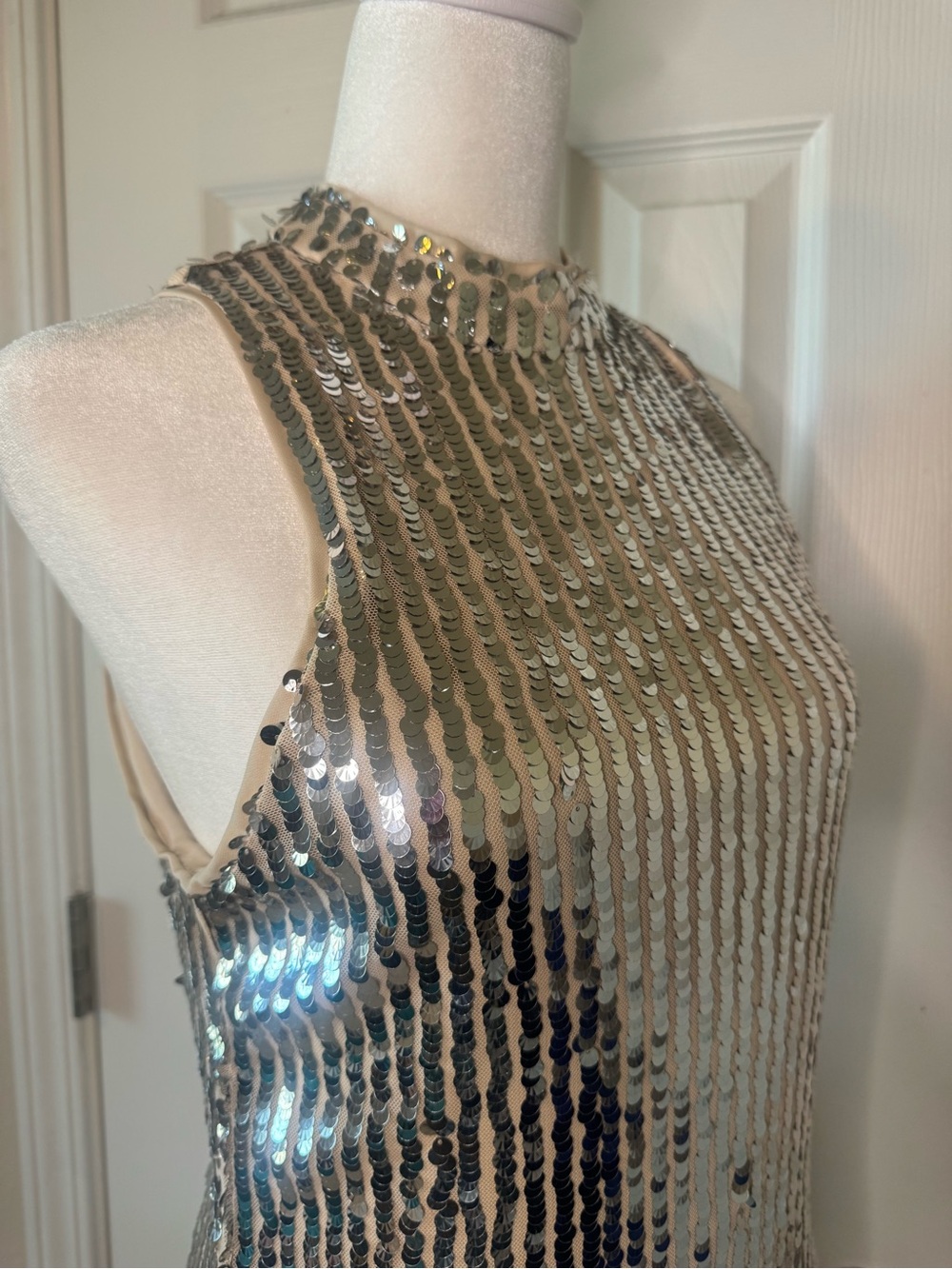 Mademli Boutique NWT Silver Sequin Mini Dress Size Small Nude Mesh Lining - Picture 6 of 9